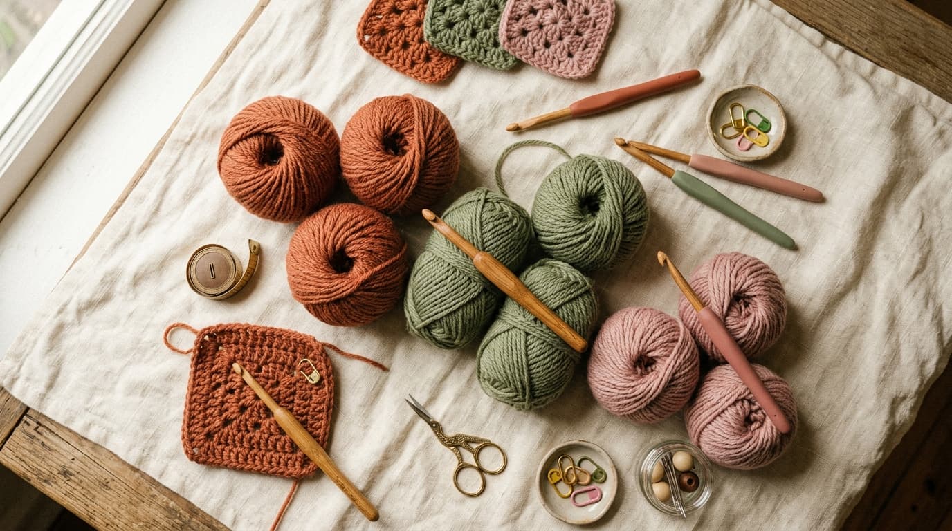 Colorful crochet yarn balls and hooks arranged on a cream linen background