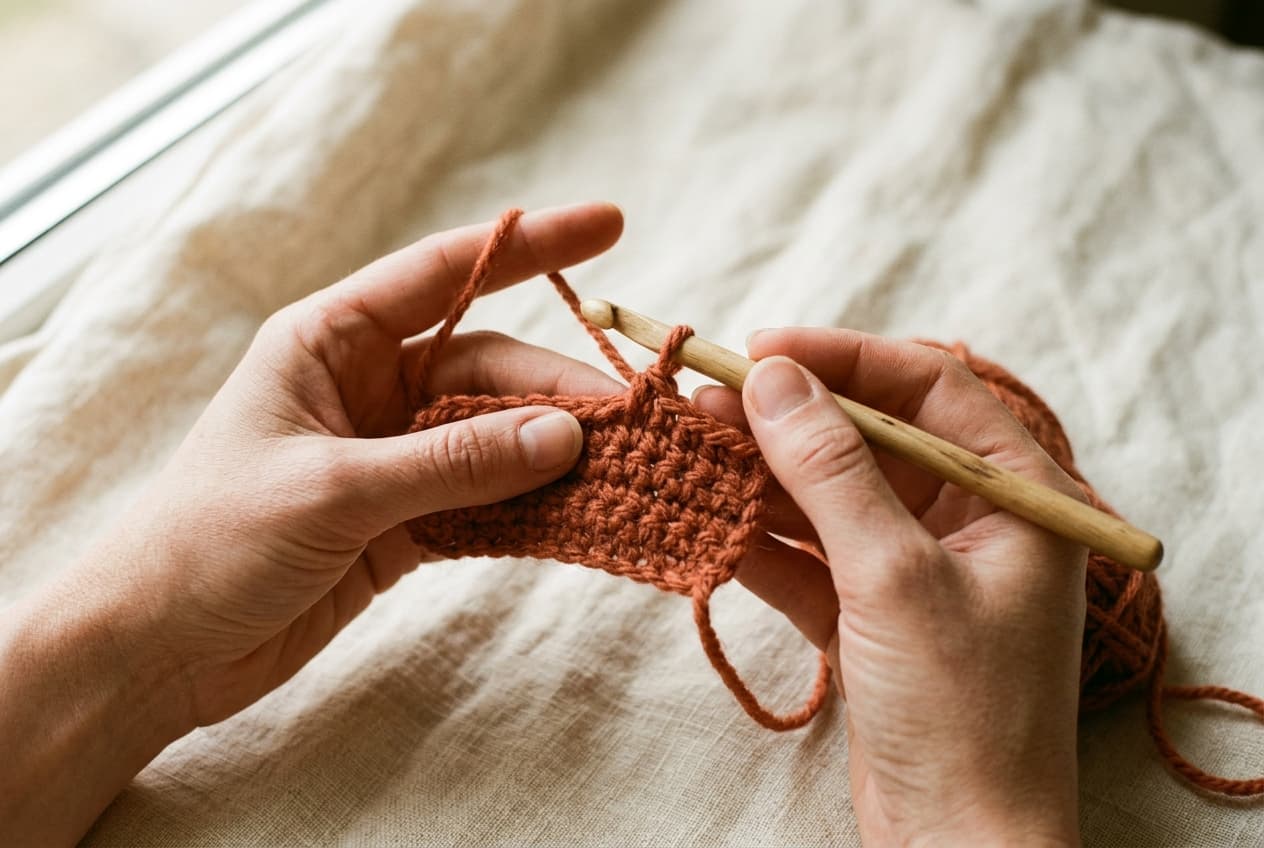 Close-up of hands crocheting with terracotta yarn and a wooden hook on a cream linen background