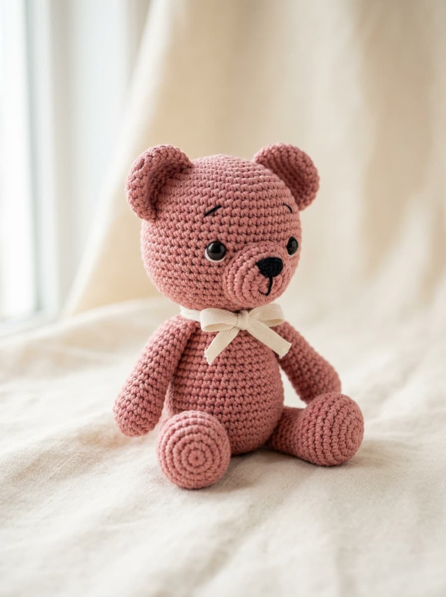 A dusty rose crocheted amigurumi teddy bear with a cream ribbon bow sitting on a cream fabric background