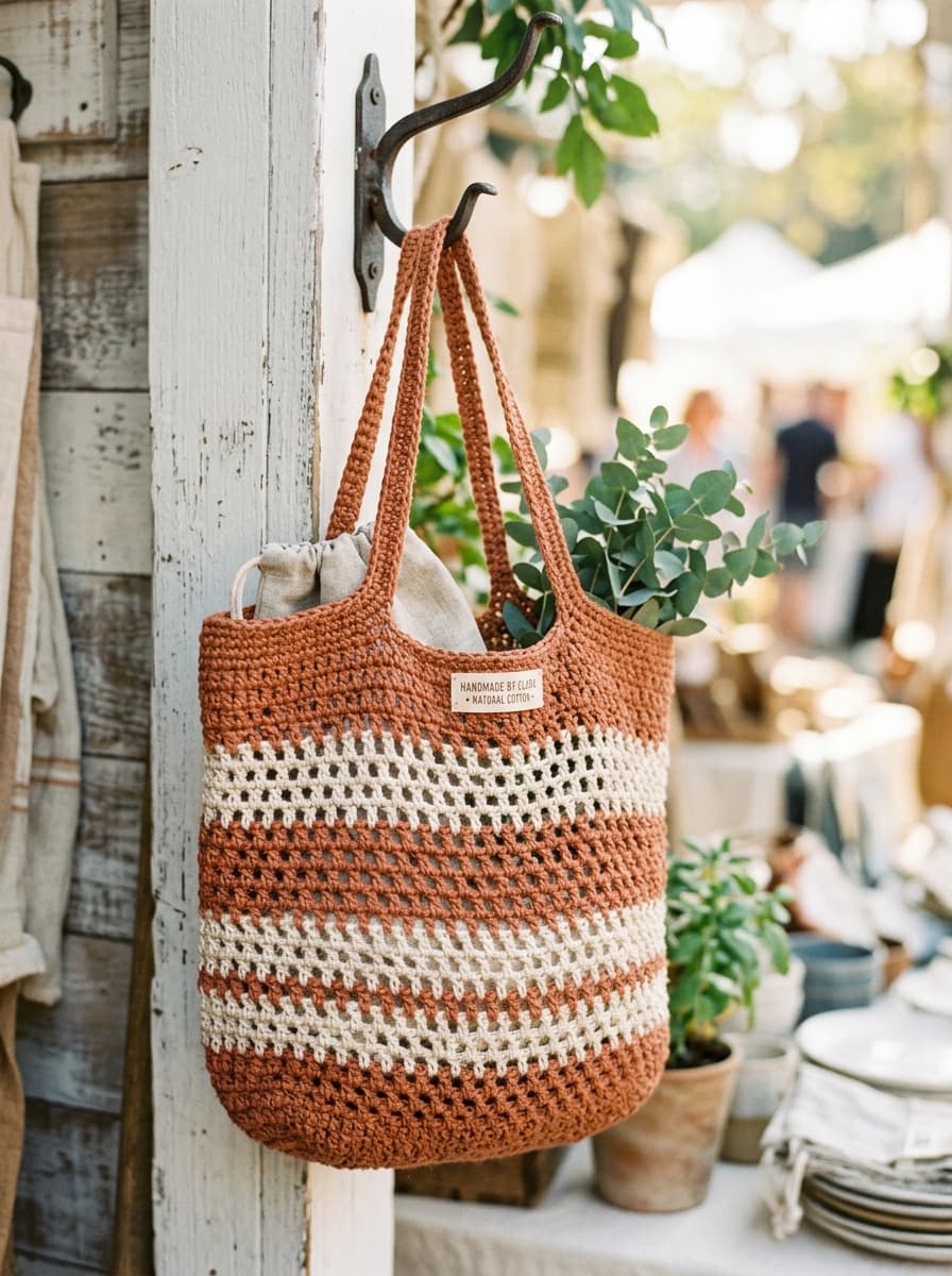 A terracotta and cream striped crochet market bag hanging on an outdoor hook surrounded by greenery