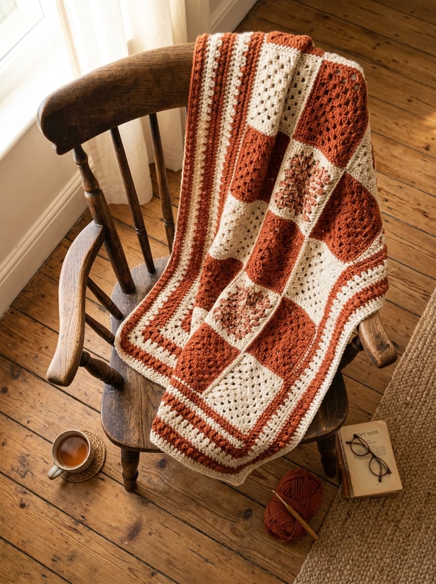 A terracotta and cream crochet granny square blanket draped over a wooden chair in warm afternoon light
