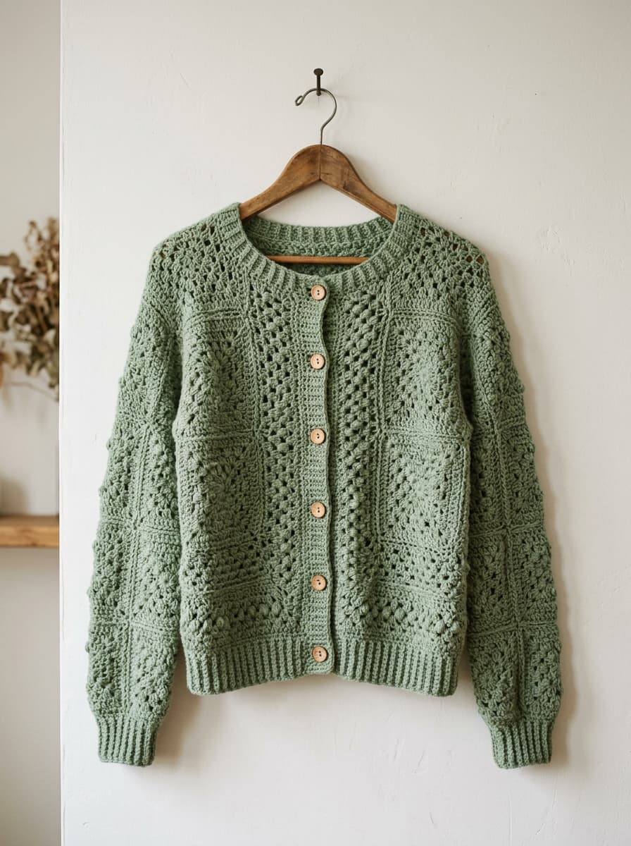 A sage green crocheted granny square cardigan with wooden buttons hanging on a wooden hanger